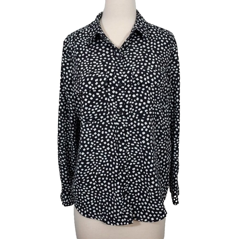 Alfani Button Up Blouse Top Black White Pockets Women Size XL Long Sleeve Shirt